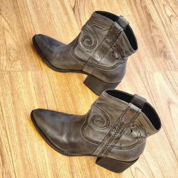 Western Ankle Boots Spiral Stitch Cowgirl Booties Black Leather 5.5 - Picture 3 of 10